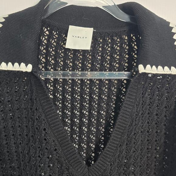 Varley Monte V-Neck Knit Polo Top Black White Contrast Collar Open Knit  XL - Picture 4 of 9
